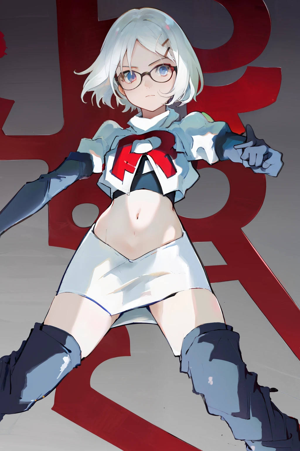 masterpiece, best quality, highres, 1girl glasses hairclip, team rocket,team rocket uniform, red letter R, white skirt,white crop top,black thigh-highs,black elbow gloves,