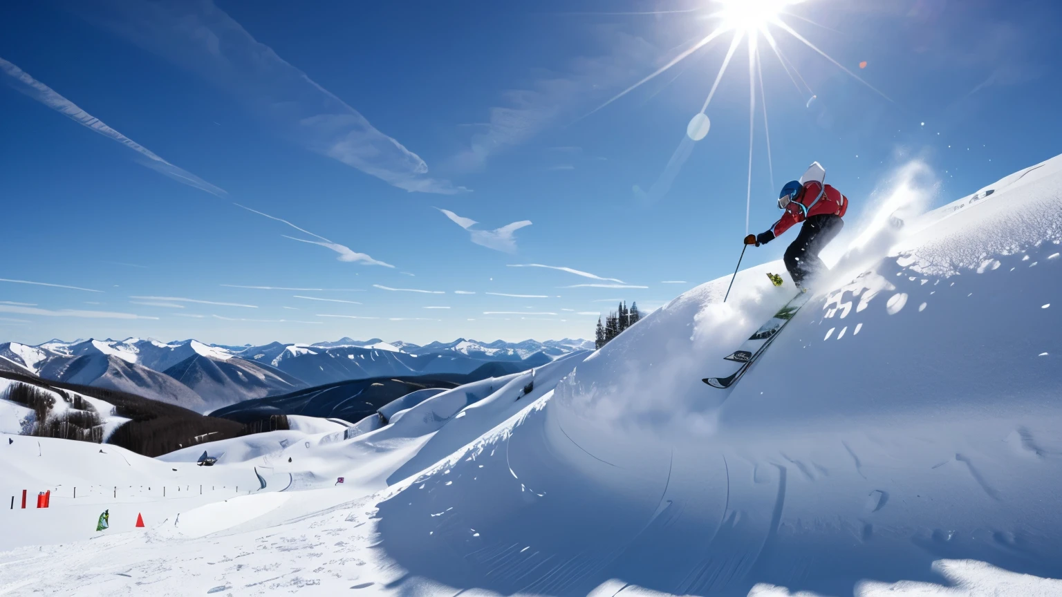 masterpiece, best quality, {best quality}, {{masterpiece}}, {high resolution}, focus, freestyle ski resort，Snow runs，Blue sky and white clouds，spatial depth of field，White，clean，unmanned