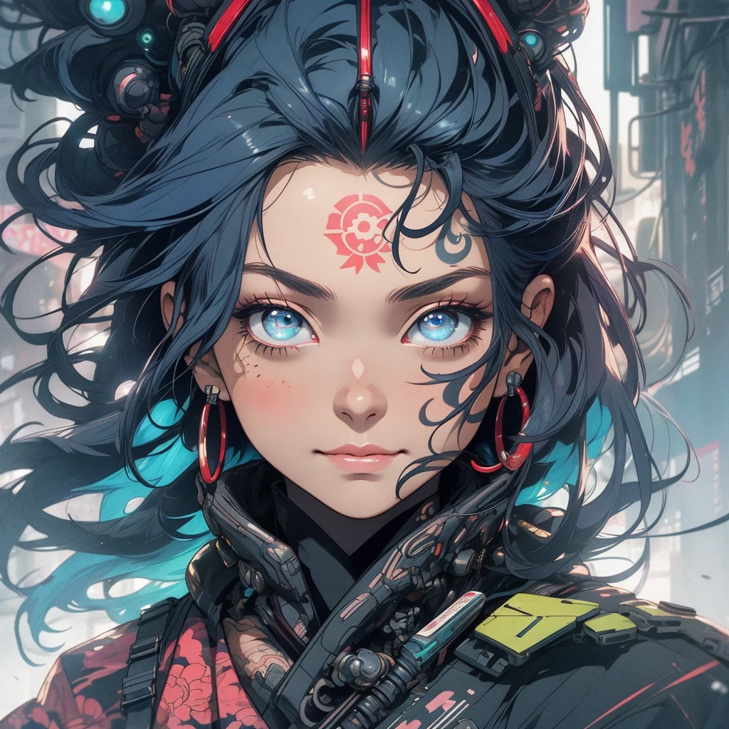 (((highest quality))),(((detailed eyes))),(((32k))),(1 girl),hair,(tattoo),(cyber punk),kimono,((Luxurious and gorgeous)),Shiny skin,earrings,flashy,((Super beautiful woman)),(perfect face),Japanese sword,ultimate texture,official art,Ukiyo-e,stylish,photograph,perfect body,smile,Bewitching,Highest image quality,distinct,real,fantasy,(Near the future),ninja,perfect eyes,big breasts,cleavage,
