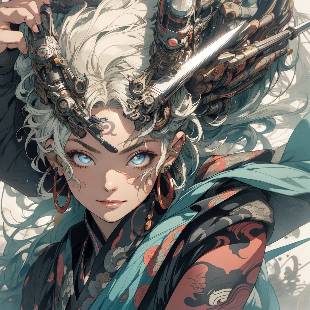 (((highest quality))),(((detailed eyes))),(((32k))),(1 girl),hair,(tattoo),(cyber punk),kimono,((Luxurious and gorgeous)),Shiny skin,earrings,flashy,((Super beautiful woman)),(perfect face),Japanese sword,ultimate texture,official art,Ukiyo-e,stylish,photograph,perfect body,smile,Bewitching,Highest image quality,distinct,real,fantasy,(Near the future),ninja,perfect eyes,big breasts,cleavage,