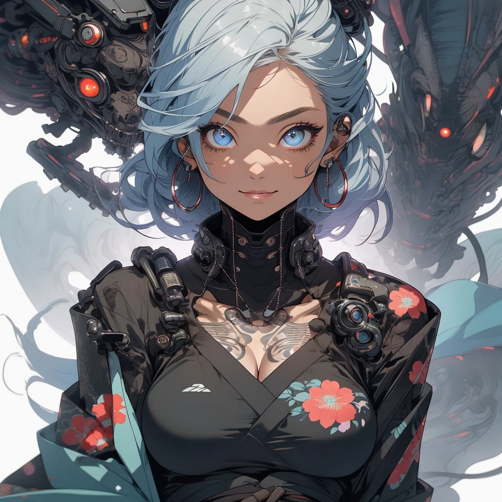 (((highest quality))),(((detailed eyes))),(((32k))),(1 girl),hair,(tattoo),(cyber punk),kimono,((Luxurious and gorgeous)),Shiny skin,earrings,flashy,((Super beautiful woman)),(perfect face),Japanese sword,ultimate texture,official art,Ukiyo-e,stylish,photograph,perfect body,smile,Bewitching,Highest image quality,distinct,real,fantasy,(Near the future),ninja,perfect eyes,big breasts,cleavage,