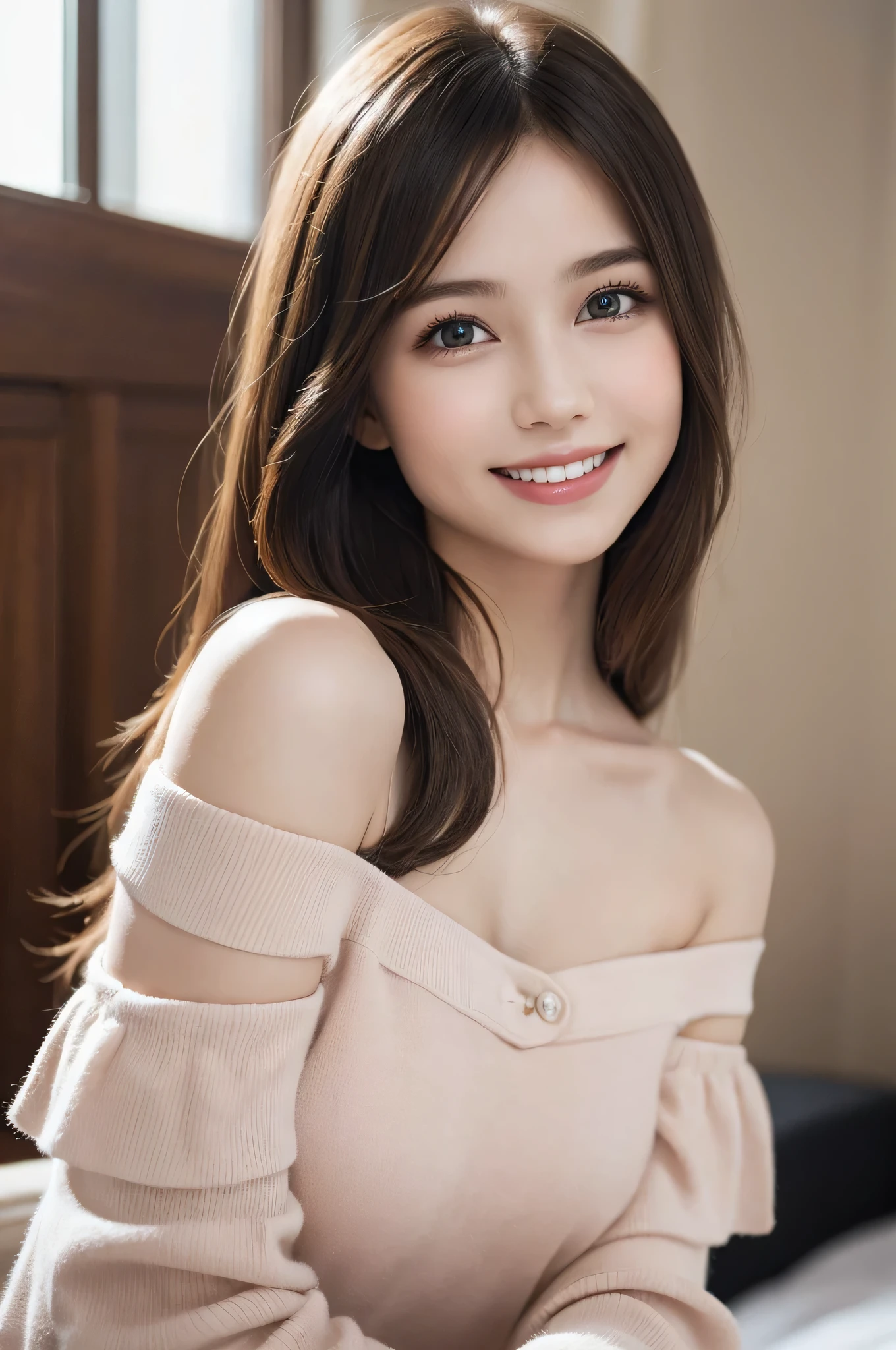 1ung girl, Beautiful face, (Extremely cute, Amazing face and eyes), (smiling), very clean, beautiful eyes, (Off-shoulder with very loose chest:1.3), beautiful breasts, Bare Shoulders, miniskirt, upper body, (best quality:1.4), 8k resolution, (photorealistic, ultra high resolution:1.4), Raw photo, (realistic, photo-realistic:1.37), professional photography, cinematic light, (fine face: 1.2),