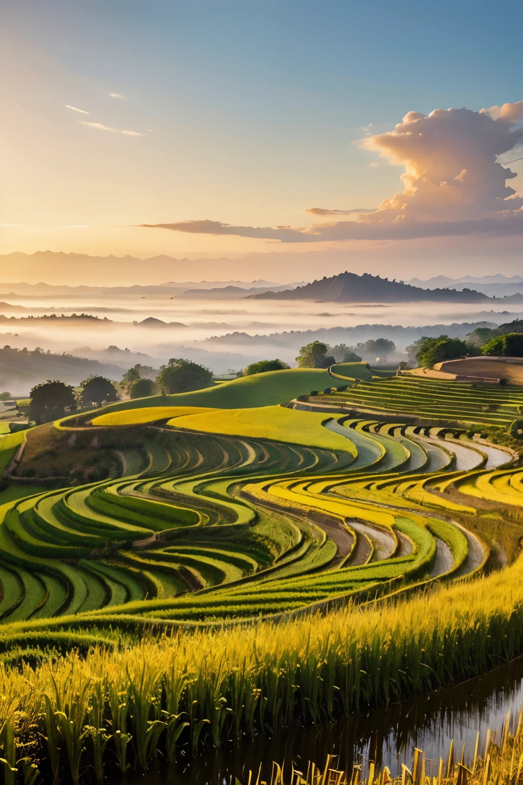 The landscape wall painting of a golden rice field is a beautiful painting that captures the essence of Vietnamese countryside. The painting depicts a vast golden rice field stretching to the horizon, with heavy rice stalks bending in the wind, creating a stunning scene. The painting brings a sense of peace and tranquility to the viewer.