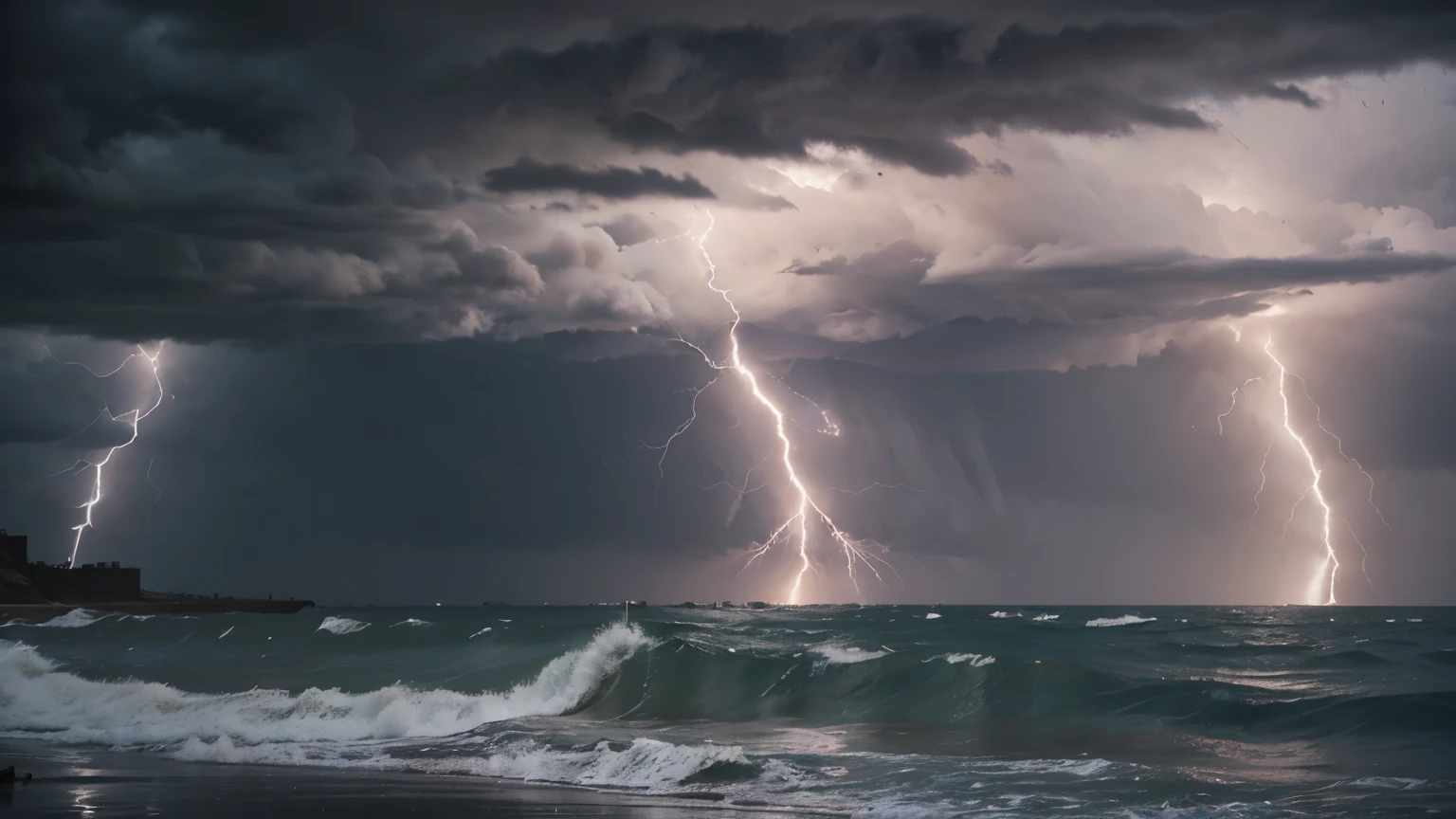 uma tempestade forte no mar, with overcast skies, Lightning and thunder, ondas grandes, chuva forte, raindrops falling from the sky