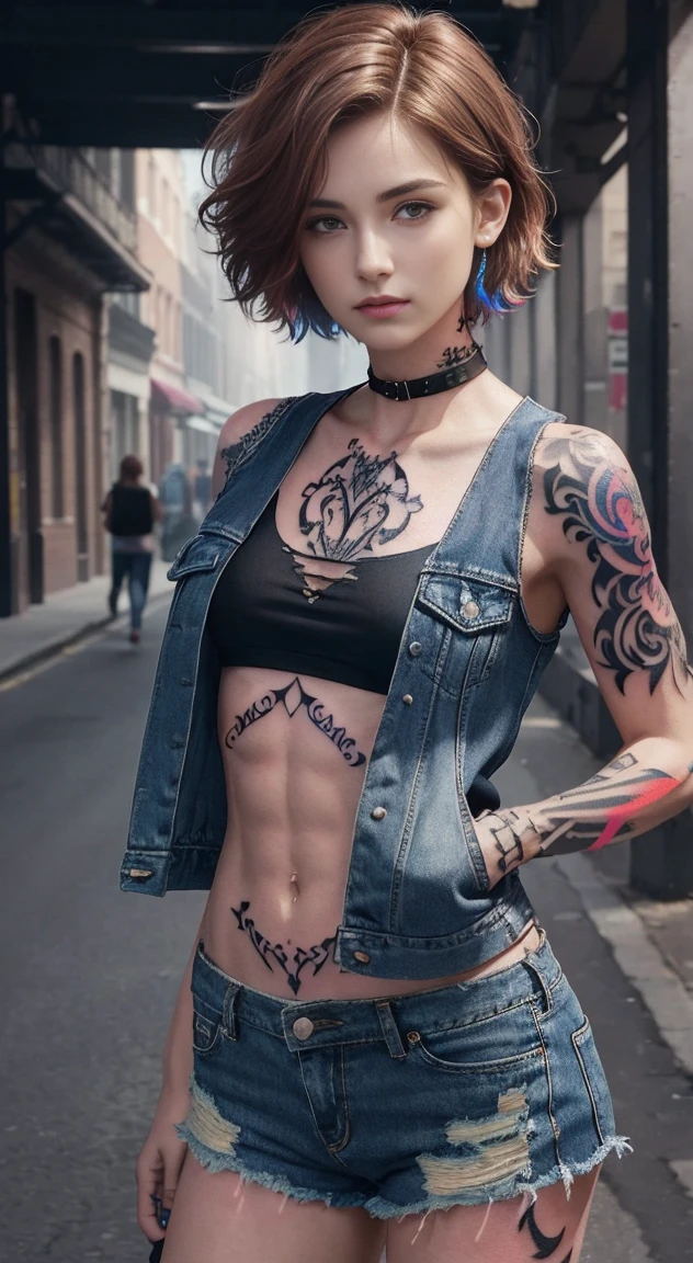 ((Medium chest, Tomboy, small head)),  (chiseled abs : 1.1), (perfect body : 1.1), (short wavy hair : 1.2) , auburn hair, collar, Lock, full body shot, crowded street, wearing black tanktop, jean jacket, (torn clothes:1.3)((shorts)), (Highly detailed CG 8k wallpaper), (very delicate and beautiful), (masterpiece), (highest quality:1.0), (ultra High resolution:1.0),  beautiful lighting ,perfect lightning, realistic shadow, [High resolution], fine skin, super detailed (((colorful))),(tattoo all:1.5),