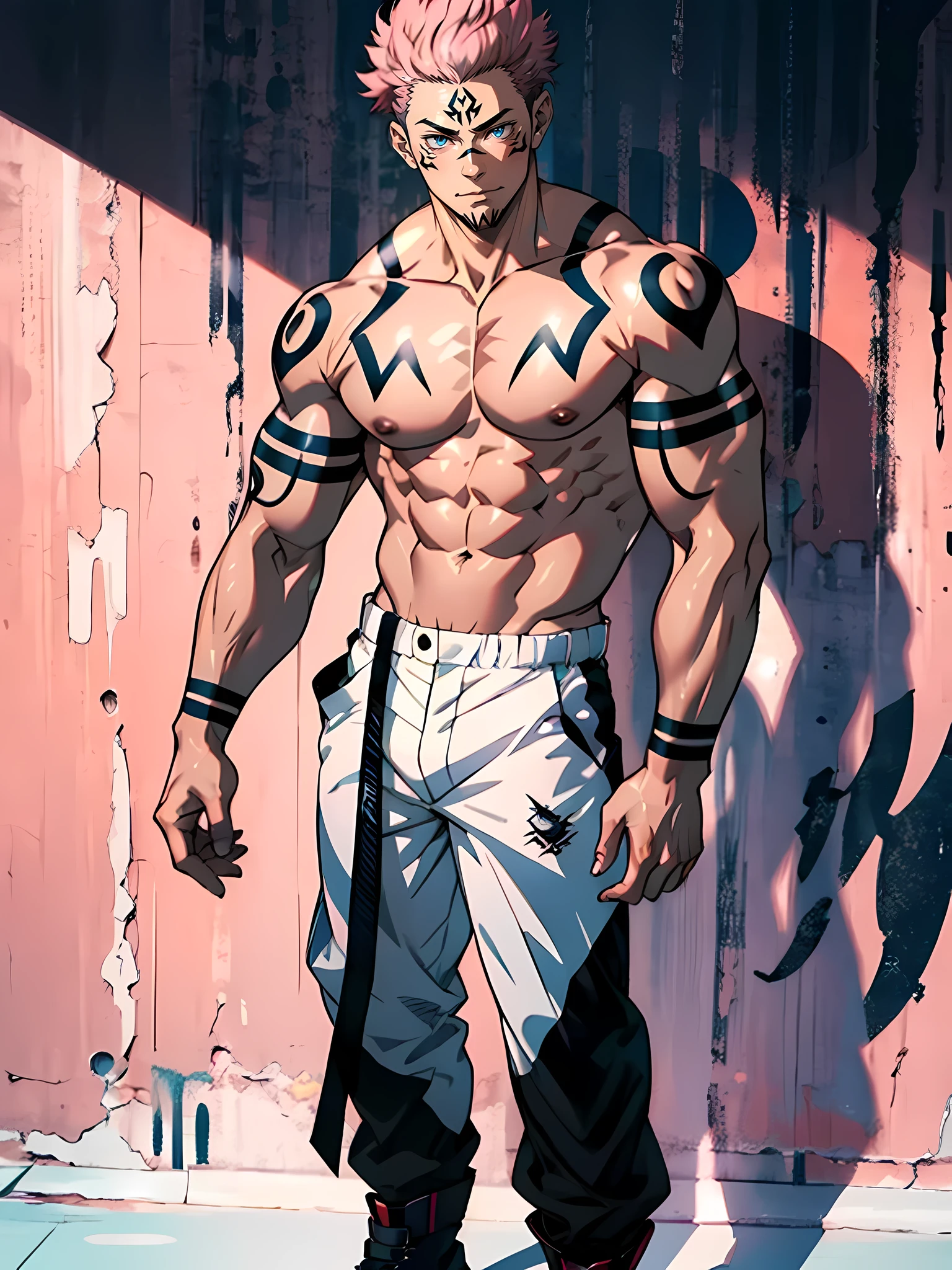 Best quality, masterpiece, expressionless, ultra high res, detailed background, solo, muscular male, short hair, cowboy shot, real shadow and light, Sukuna a man with pink hair and shirtless, tattoo_ryoumen, tattoo_on_his_face, eye focus, manly, mature, full body, anatomically correct, intense anime background,