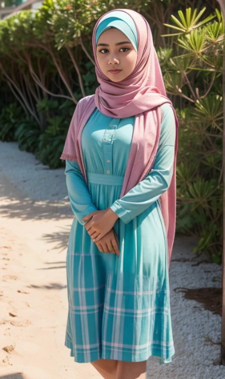 RAW, Best quality, high resolution, masterpiece: 1.3), beautiful Malay woman in hijab (iu:0.8),big breast, sitting, big eyes, beutifull face, watery eyes, big eyes, perfect face, soft smile, wearing long baju kurung batik pastel colour, on the beach sand