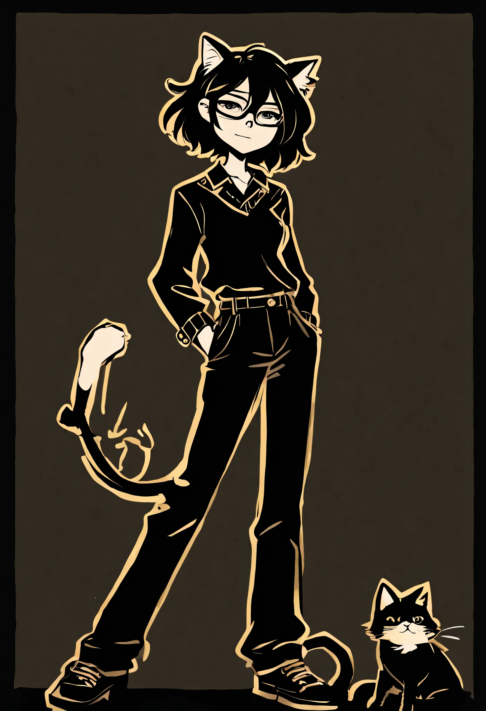 masterpiece, best quality, hires, high resolution, TCOAAL, white outline, bold outline, dark background, yellow eyes, black hair, 1girl, solo, monochrome:0.1, (white short-sleeved uniform:0.5), brown paper, smile, short black bob hair, yellow eyes, Round glasses, petite body, wearing plain white formal work shirt, wearing long black pants, business tie,cat ears with white fur inside them,androgynous, bored face, TIRED, eyes half closed, moth CLOSED.arm sleeves are short, looking away from viewer, hide hands, hands in pocket