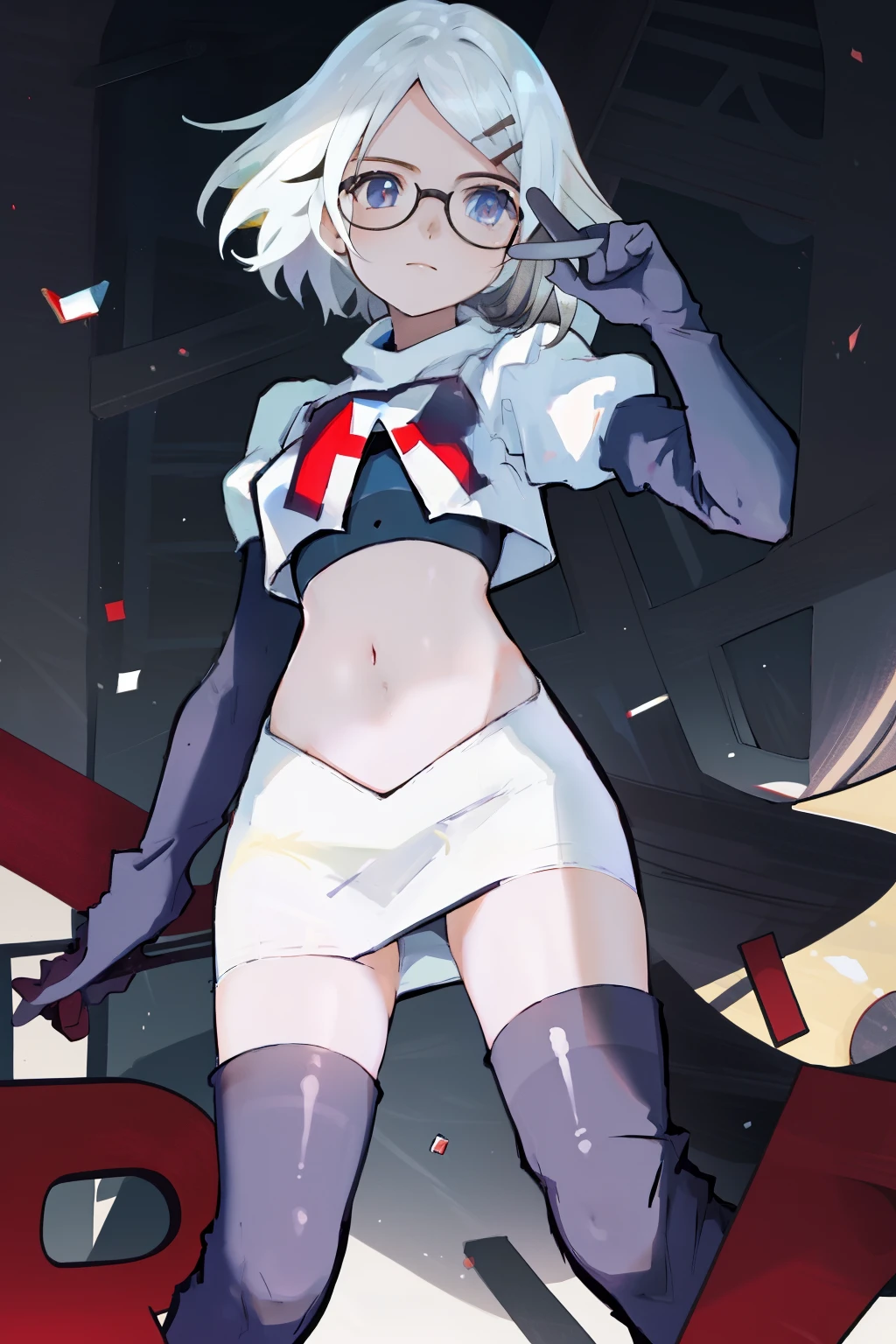 masterpiece, best quality, highres, 1girl glasses hairclip, team rocket,team rocket uniform, red letter R, white skirt,white crop top,black thigh-highs,black elbow gloves,