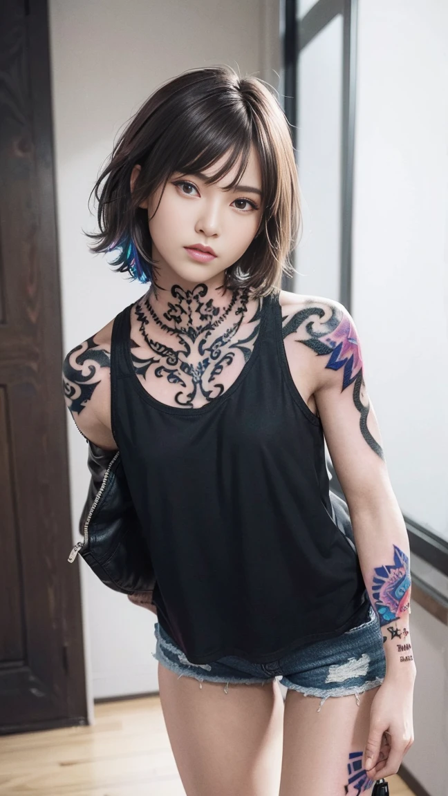 ((Medium chest, Tomboy, small head)),  (chiseled abs : 1.1), (perfect body : 1.1), (short wavy hair : 1.2) , auburn hair, collar, Lock, full body shot, crowded street, wearing black tanktop, jean jacket, (torn clothes:1.3)((shorts)), (Highly detailed CG 8k wallpaper), (very delicate and beautiful), (masterpiece), (highest quality:1.0), (ultra High resolution:1.0),  beautiful lighting ,perfect lightning, realistic shadow, [High resolution], fine skin, super detailed (((colorful))),(tattoo all:1.5),