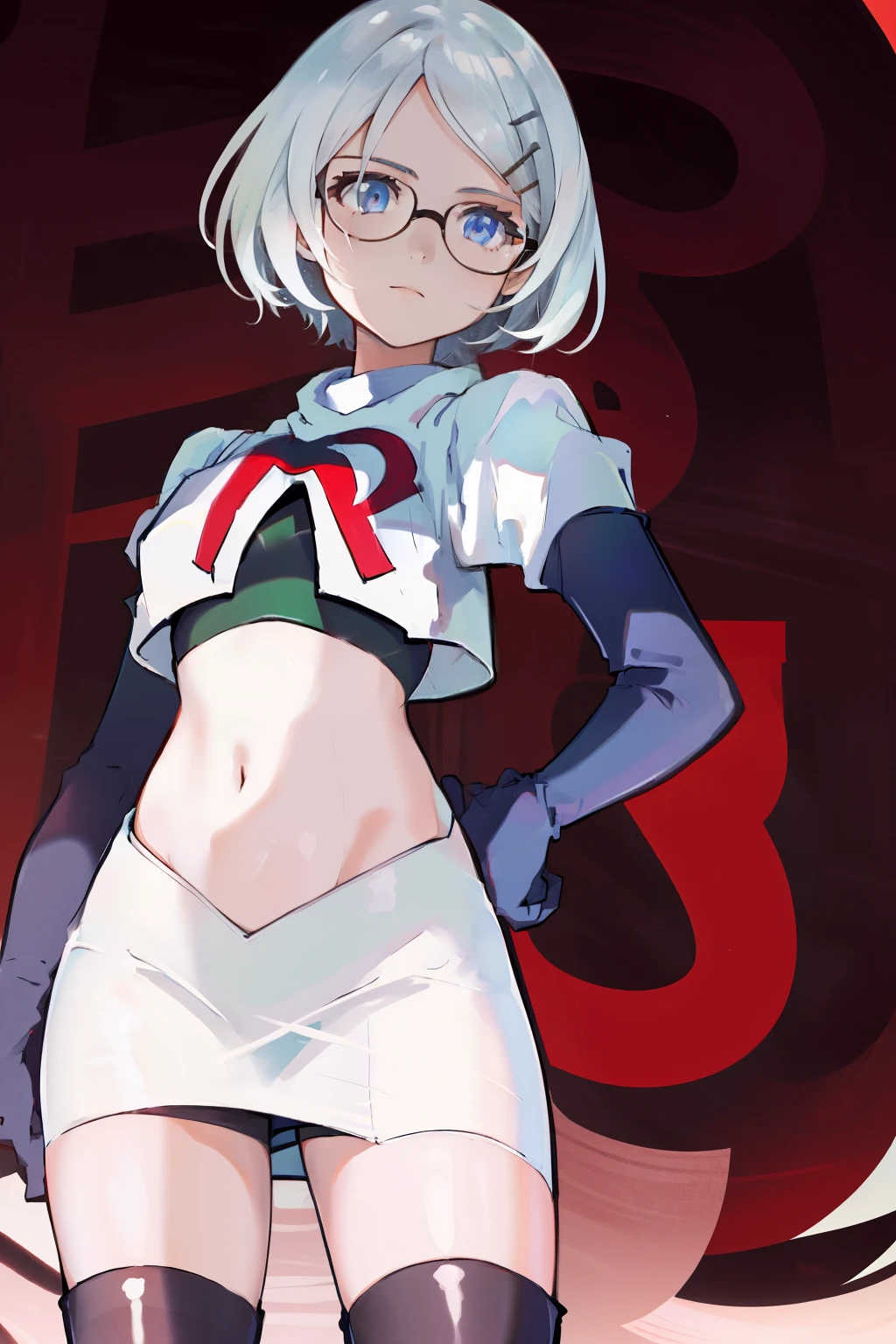 masterpiece, best quality, highres, 1girl glasses hairclip, team rocket,team rocket uniform, red letter R, white skirt,white crop top,black thigh-highs,black elbow gloves,