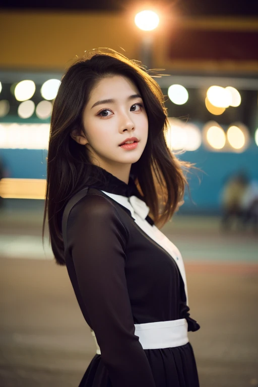 Cinematic photo of um belo trem bokeh korean fashion model