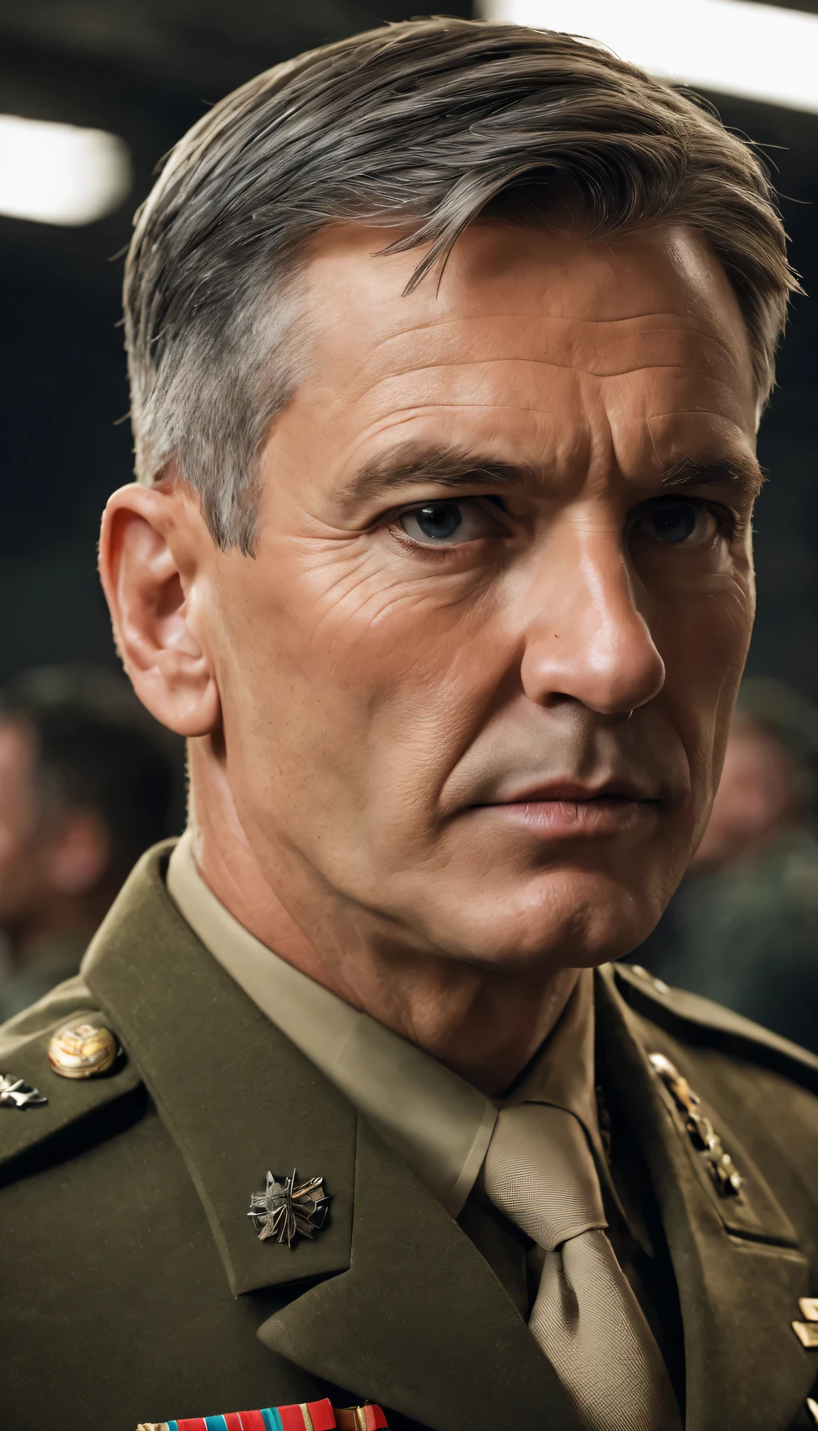 best quality,4K,8k,high resolution,masterpiece:1.2,Super detailed,actual:1.37,chief of staff,powerful scene,military environment,perfect details,Strong and confident expression,firm eyes,sharp focus,Detailed uniforms,professional,serious atmosphere,Serious expression,strategic plan,Great responsibility,command and control,High-ranking official,official military briefing,focused gaze,intelligence gathering,Precision work,efficient communication,matters of strategic importance,Headquarters,clear communication,Confidential Information,Rock solid decision making,Act decisively,tactical genius,strategic development,accurate information,world class military,advanced technologies,State-of-the-art equipment,bright colors,Illuminated light,Command center,Honor and Duty.
