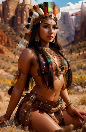 pubic hair, Native American girl in late twenties, ethnically Native American, thin, thin waist, not safe for work, Native American accessories, sensual pose, naked, bottomless, nopan,  verdant plains background, large breast, hourglass figure, Native American headdress