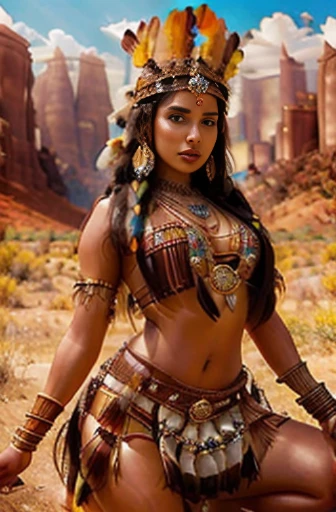 beautiful gorgeous glorious bollywood actress, desert background, in attractive tribal queen outfit, pretty face, beautiful glorious face, very fine face details, necklace, tribal queen crown, bright eyes, brown lipstick, thin nose, burgundy long hair, nice legs, thick thigh, hourglass figure, perfect body, 4K details, ultra high resolution, skin fine details,