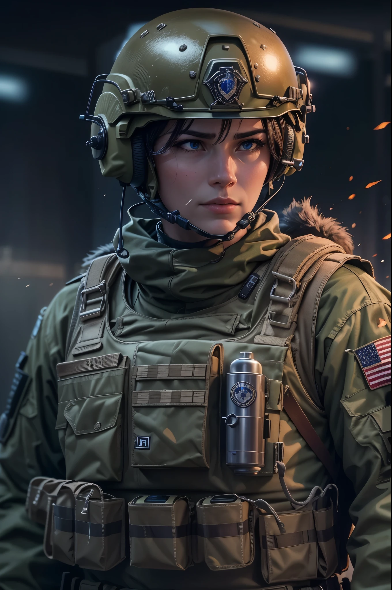 STAR15 Mod, (masterpiece), (Best quality), (ultra detailed), (best illustration),(best shadow), I look at the viewer, cowboy shot, fiery destroyed city background, tactical equipment, tactical bags, (mask:0.8), tactical armor, Assault rifle, gun in holster, (To frown:1.3)