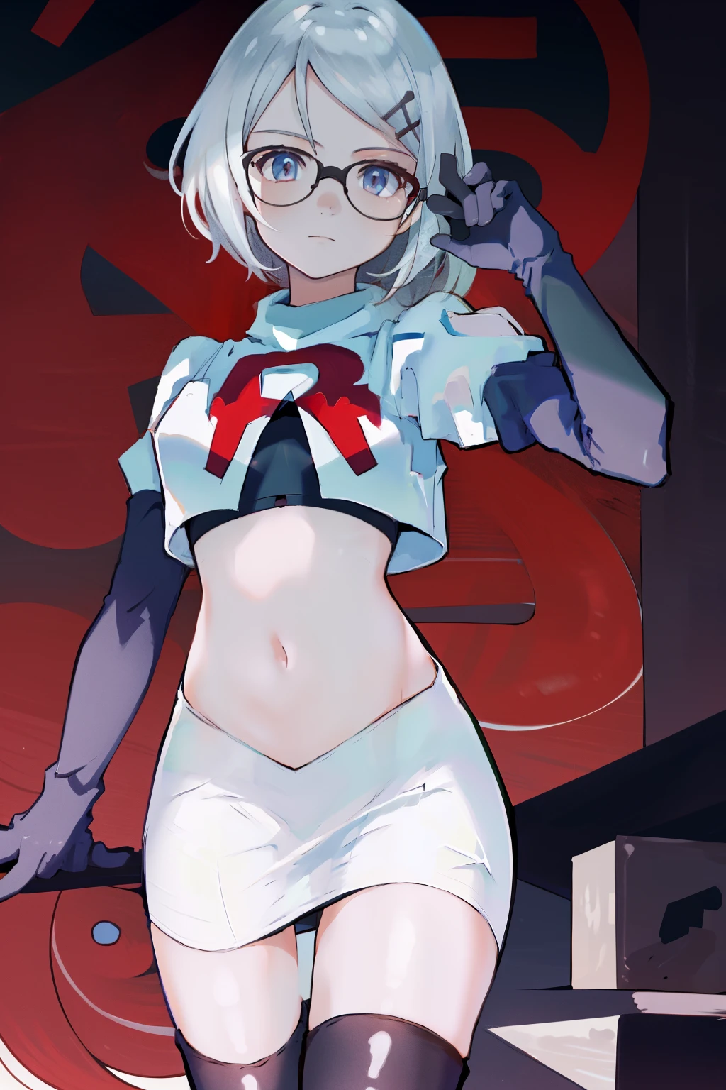 masterpiece, best quality, highres, 1girl glasses hairclip, team rocket,team rocket uniform, red letter R, white skirt,white crop top,black thigh-highs,black elbow gloves,