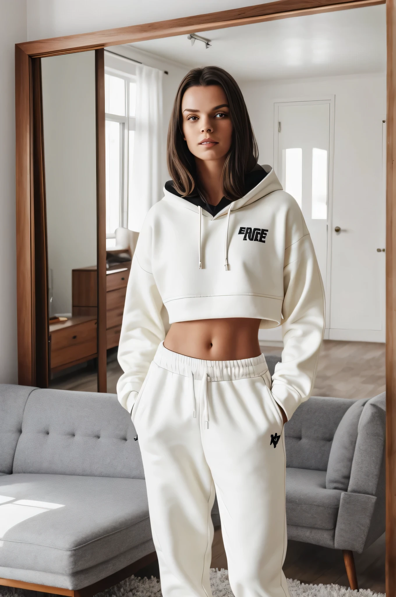 a woman standing in front of a mirror wearing a white sweatshirt and sweatpants, inspired by Louisa Matthíasdóttir, wearing a crop top, outlive streetwear collection, violet, full frontal shot, cozy 1 9 5 0's, rtx on, in a living room, full body photo, professional product photo, tonal colors, hooded, ivory

