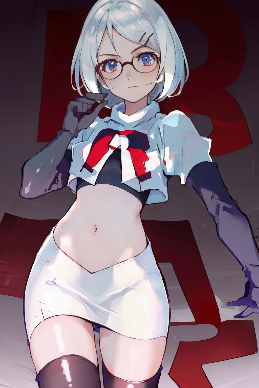 masterpiece, best quality, highres, 1girl glasses hairclip, team rocket,team rocket uniform, red letter R, white skirt,white crop top,black thigh-highs,black elbow gloves,