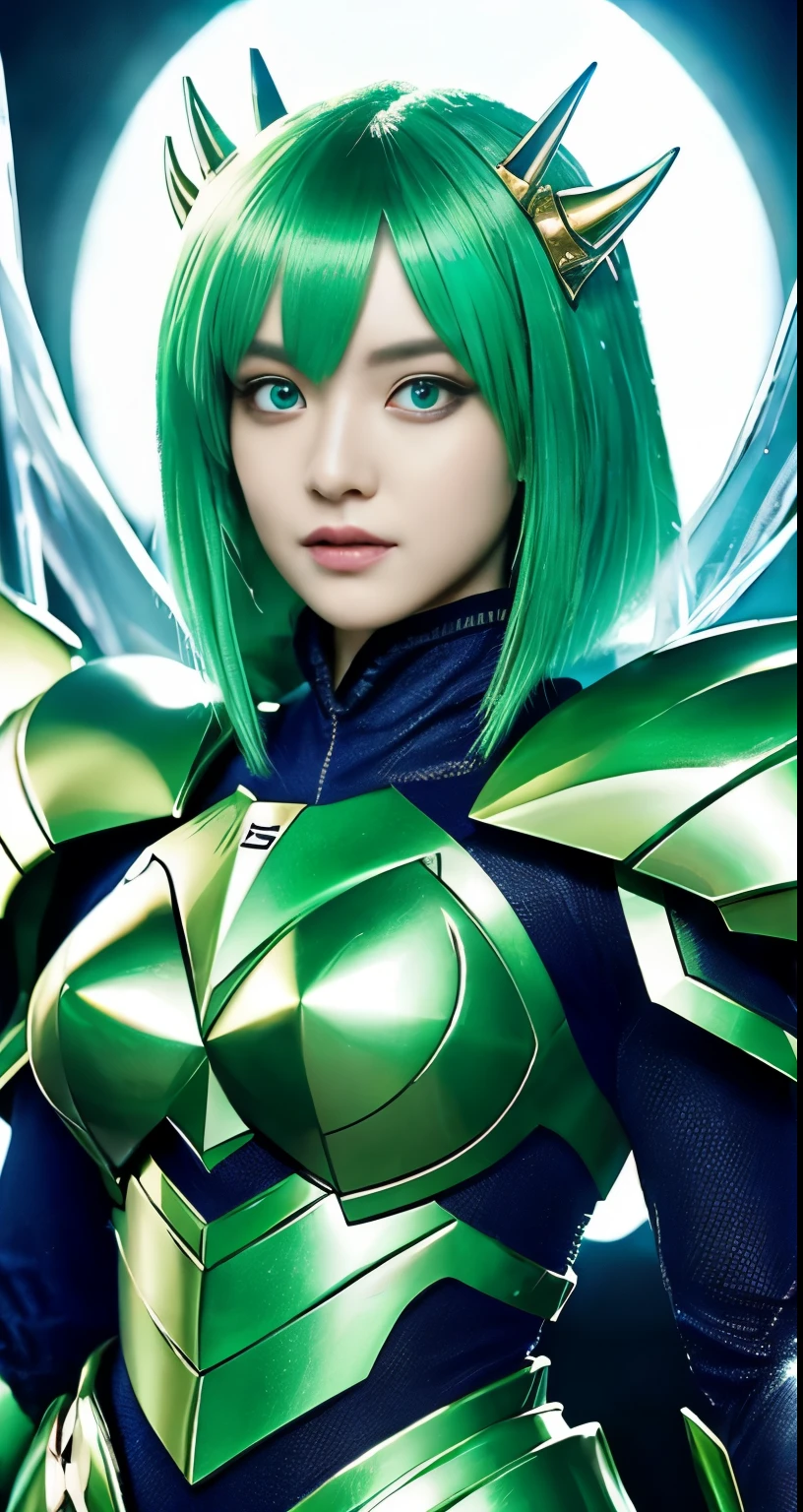 A close up of a woman with green hair wearing a green costume - SeaArt AI