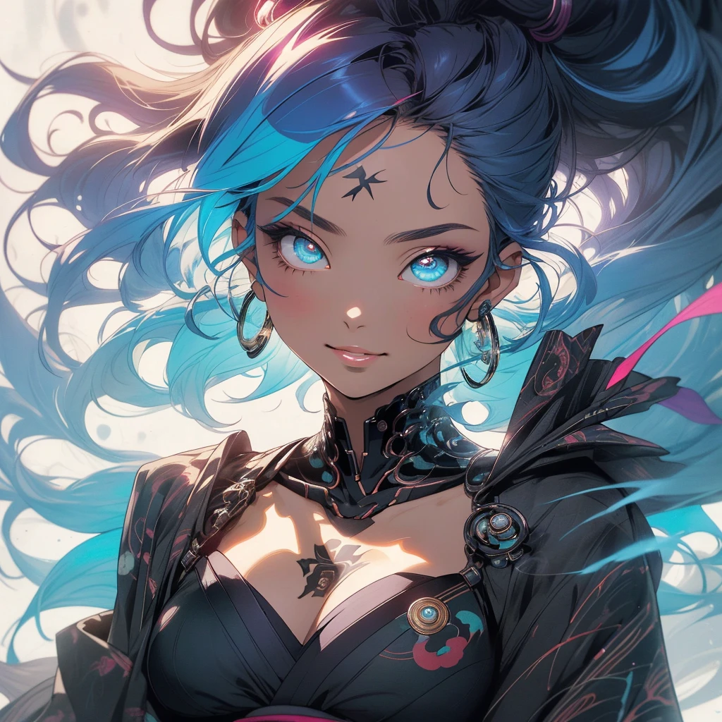 (((highest quality))),(((detailed eyes))),(((32k))),(1 girl),hair,(tattoo),(cyber punk),kimono,((Luxurious and gorgeous)),Shiny skin,earrings,flashy,((Super beautiful woman)),(perfect face),Japanese sword,ultimate texture,official art,Ukiyo-e,stylish,photograph,perfect body,smile,Bewitching,Highest image quality,distinct,real,fantasy,(Near the future),ninja,perfect eyes,big breasts,(cleavage),