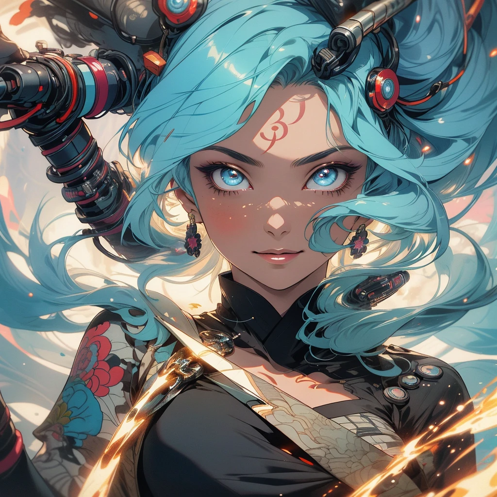 (((highest quality))),(((detailed eyes))),(((32k))),(1 girl),hair,(tattoo),(cyber punk),kimono,((Luxurious and gorgeous)),Shiny skin,earrings,flashy,((Super beautiful woman)),(perfect face),Japanese sword,ultimate texture,official art,Ukiyo-e,stylish,photograph,perfect body,smile,Bewitching,Highest image quality,distinct,real,fantasy,(Near the future),ninja,perfect eyes,big breasts,(cleavage),
