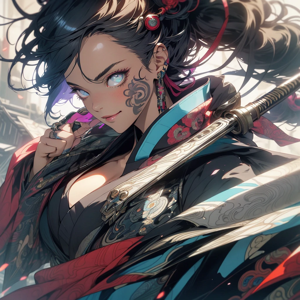 (((highest quality))),(((detailed eyes))),(((32k))),(1 girl),hair,(tattoo),(cyber punk),kimono,((Luxurious and gorgeous)),Shiny skin,earrings,flashy,((Super beautiful woman)),(perfect face),Japanese sword,ultimate texture,official art,Ukiyo-e,stylish,photograph,perfect body,smile,Bewitching,Highest image quality,distinct,real,fantasy,(Near the future),ninja,perfect eyes,big breasts,(cleavage),