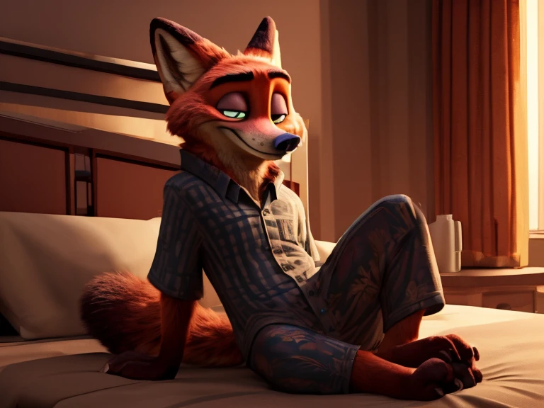Barefoot hypnotised Nick Wilde is lying on a bed with his arms and legs spread, wearing black pyjamas, handcuffed to the bed by his wrists and ankles, detailed nice big paws with claws and toe ring, in a trance, a look of weak resistance to hypnosis on his face, drooling, green glow in his eyes, visible soles.