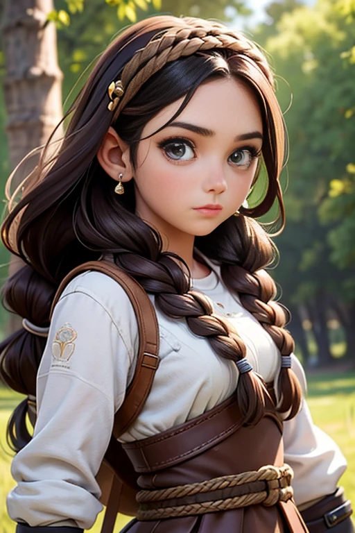 (Obra maestra, La mejor calidad) young 18 year old woman, Cabello largo, ojos azules, cabello rubio, brown hair, tenencia, boca cerrada, Parte superior del cuerpo, arma, trenza, al aire libre, tenencia arma, armadura vikinga, Profundidad de campo, realista.