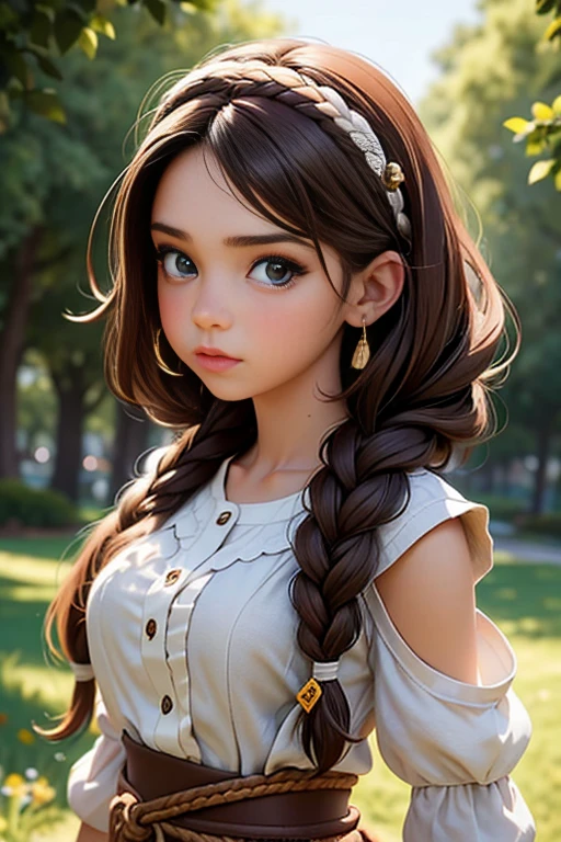 (Obra maestra, La mejor calidad) young 18 year old woman, Cabello largo, ojos azules, cabello rubio, brown hair, tenencia, boca cerrada, Parte superior del cuerpo, arma, trenza, al aire libre, tenencia arma, armadura vikinga, Profundidad de campo, realista.
