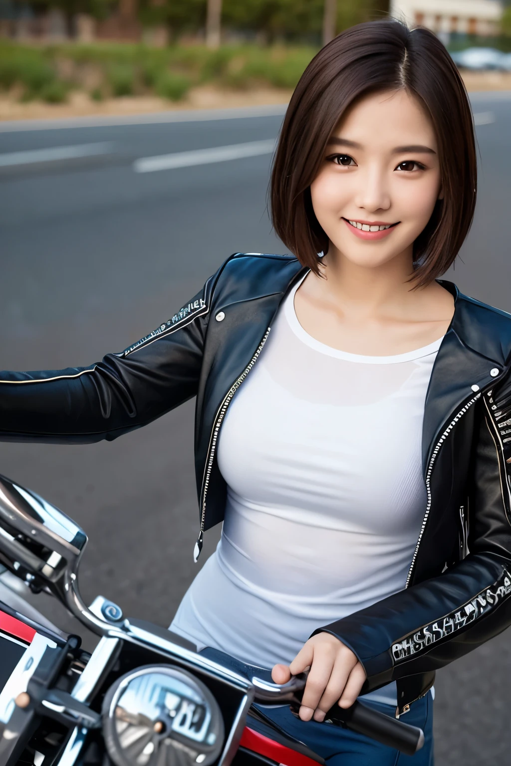 ((highest quality)), ((masterpiece)), (Detailed Motorcycle), perfect face、Motorcycle Women、smile、short hair