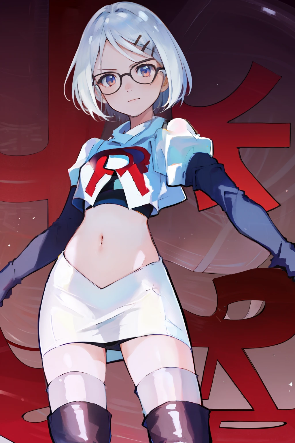 masterpiece, best quality, highres, 1girl glasses hairclip, team rocket,team rocket uniform, red letter R, white skirt,white crop top,black thigh-highs,black elbow gloves,
