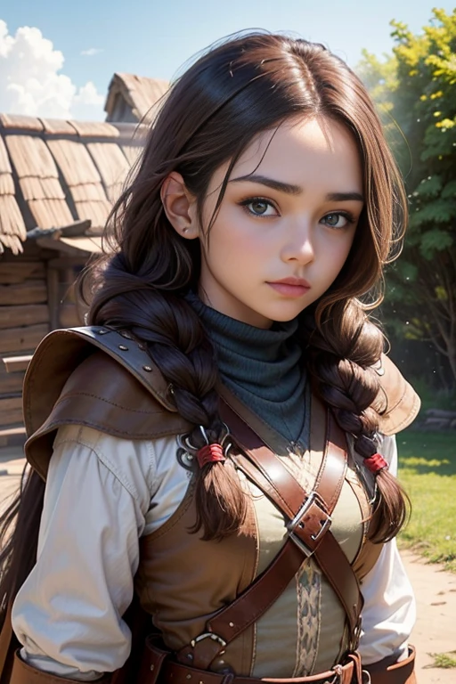 (Obra maestra, La mejor calidad) young 18 year old woman, Cabello largo, ojos azules, cabello rubio, brown hair, tenencia, boca cerrada, Parte superior del cuerpo, arma, trenza, al aire libre, tenencia arma, armadura vikinga, Profundidad de campo, realista.