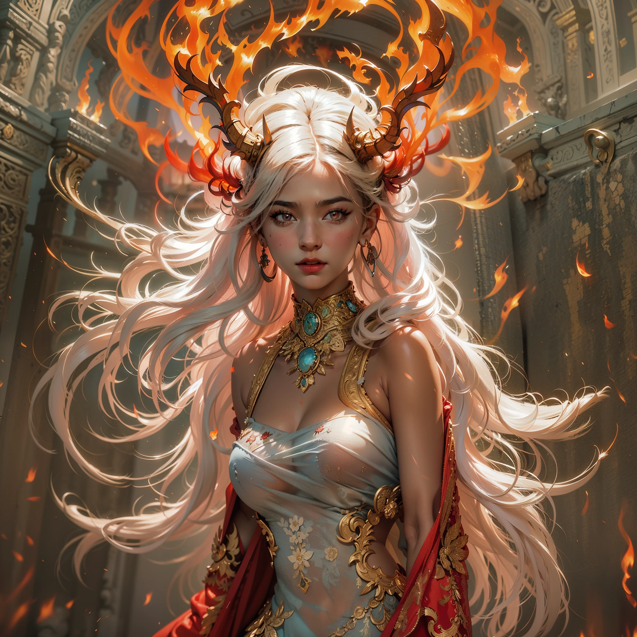 (Numerous award-winning masterpieces, with incredible detail, textures and maximum detail), (hyper realistic:1.4), (realistic:1.3), (best quality real texture skin), (finely detailed true circle Symmetrical eyes), finely detailed face, ((medieval world)), (Full-length portrait:1.5), ((The Lord's blaze Devil)), ((The Lord's hellfire Devil)), (burn brightly icy look in the eye), (She has a mischievous smile on her face), (Eyes that glow red in the dark:1.5), (A pair of red eyes with strong red light emitting from within:1.5), (full-body standing image:1.5), bio luminescence, (Flames and flames swirling in the background), (Dramatic Light), (A majestic sight), (Her countenance is gentle and beautiful, but somehow terrifying), Glass earrings on the ears, (dramatic photo:1.4), ((dramatic pose)), (flamboyant photo), (golden hair), (silver hair), (chestnut hair), Short cut hair, ((looks up)), ((looking down)), (Around her neck is a simple necklace of exquisite workmanship), (Bio luminescence with a brilliant glow:1.3), (Use flashy flame magic:1.2), (Swirling flames), The Great Temple of the Devil, The Devil's Grand Shrine, great temple, great cathedral, temple ruins, detached temple, (Luminous magic circle), Ruins of an ancient castle, Shining majestic cloud masses and sky, lightning bolt, epic realistic, faded, art, (Greg rutkowski:0.8), (teal and orange:0.4), (art station:1.5), cinematic, ((neutral colors)), (hdr:1.5), (muted colors:1.2), hyper detailed, dramatic light, (intricate details:1.1), complex background,