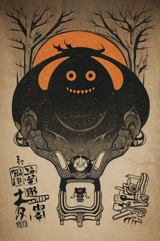 ((jumpscare)), Outline warm color, ((festival)), ((Chojugiga)), ((Shihon Bokuga)), antique, (anthropomorphism), (Sumi-e), Monochrome art, (Old paper style illustration), (hunting paintingural style, Little monster, old performance, variational pointillism, flat illustration, eerie, horror elements, eerie worldview, (primitive art), Outline warm color, old picture scroll style, old staging, Ancient mural style