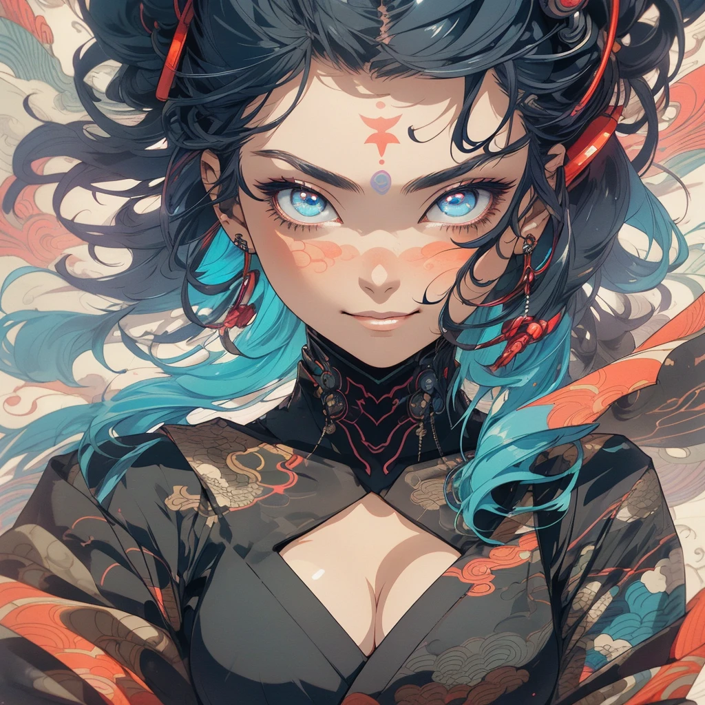 (((highest quality))),(((detailed eyes))),(((32k))),(1 girl),hair,(tattoo),(cyber punk),kimono,((Luxurious and gorgeous)),Shiny skin,earrings,flashy,((Super beautiful woman)),(perfect face),Japanese sword,ultimate texture,official art,Ukiyo-e,stylish,photograph,perfect body,smile,Bewitching,Highest image quality,distinct,real,fantasy,(Near the future),ninja,perfect eyes,big breasts,((cleavage)),highlight