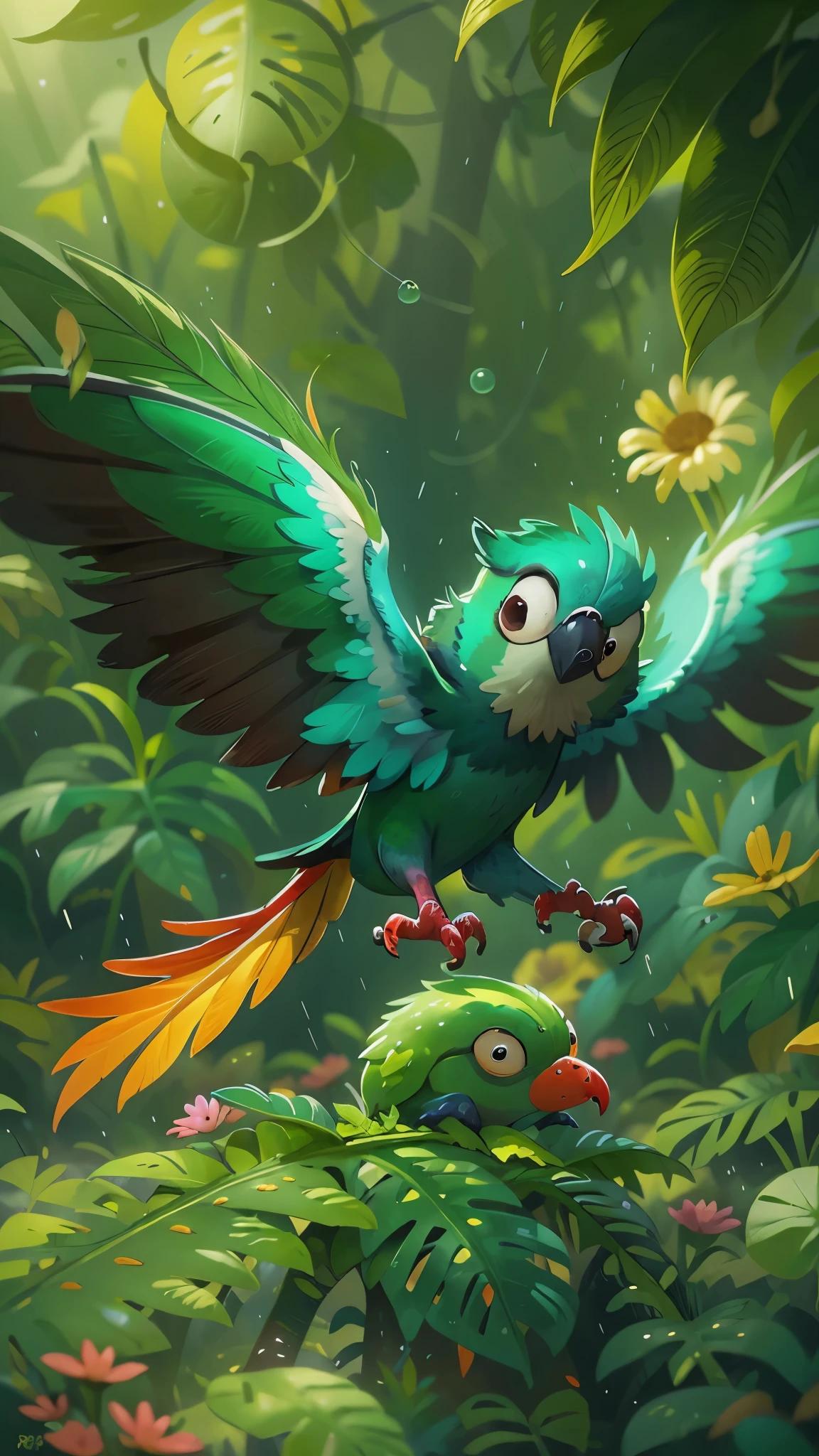 A cute parrot,Playing in the rainforespreads its wings,Fly, close up, Pixar style, best quality, stills, very cute, big eyes, Birds and flowers around, Rainforest, high details, high quality, masterpiece, ccurate, super detail,