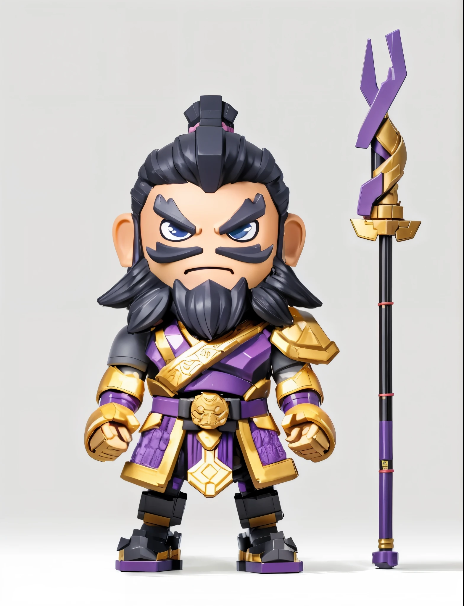 3d style,Brooke Infinite Heroes,Mecha warrior building block toy man,Purple ancient armor,Hand-held cold weapons,Eight snake spears,(Black thick beard,Thick eyebrows,open mouth laughing expression),whole body,fighting stance,Chinese ancient style,Mecha elements,《Romance of the Three Kingdoms》,Zhang Fei