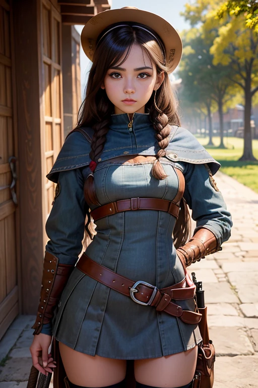 (Obra maestra, La mejor calidad) young nordic woman of 18 years, Cabello largo, ojos azules, cabello rubio, brown hair, tenencia, boca cerrada, Parte superior del cuerpo, arma, trenza, al aire libre, tenencia arma, armadura vikinga, ropa vikinga, realista.