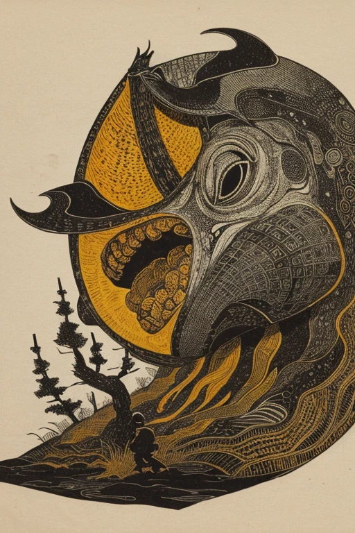 ((jumpscare)), Outline warm color, ((festival)), ((Chojugiga)), ((Shihon Bokuga)), antique, (anthropomorphism), (Sumi-e), Monochrome art, (Old paper style illustration), (hunting paintingural style, Little monster, old performance, variational pointillism, flat illustration, eerie, horror elements, eerie worldview, (primitive art), Outline warm color, old picture scroll style, old staging, Ancient mural style