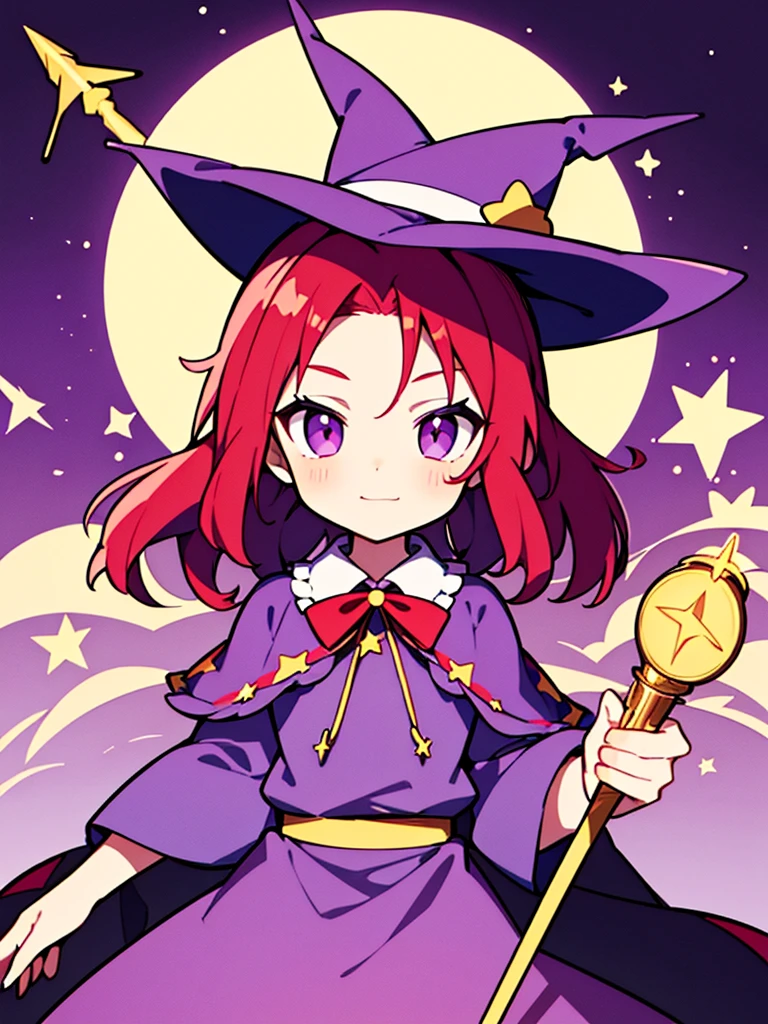masterpiece, best quality, a cartoon image of a girl with red hair holding a wand and a witch hat, 1girl, solo, , child, 10 yold, hat, witch hat, hat ribbon, short red hair, (short hair), forehead visible bangs, hair flaps, well-formed face, red eyes, long sleeves, purple sleeves, wand, magical wand, purple capelet, capelet, yellow ribbon, ribbon, purple headwear, star (symbol), holding, holding wand, simple background, white background, purple witch cloth, touhou project, one piece clothes, upper body, (wide shot), have a cane