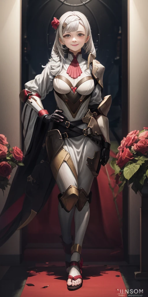 Female, standing, straight, long_hair, messy_hair, white_hair, kimono with armor, metal sandals, pink theme, big breast but cover, hands to hip, Body position: Standing, straight, symmetrical, barefoot, Lustful smile on face with red blush,