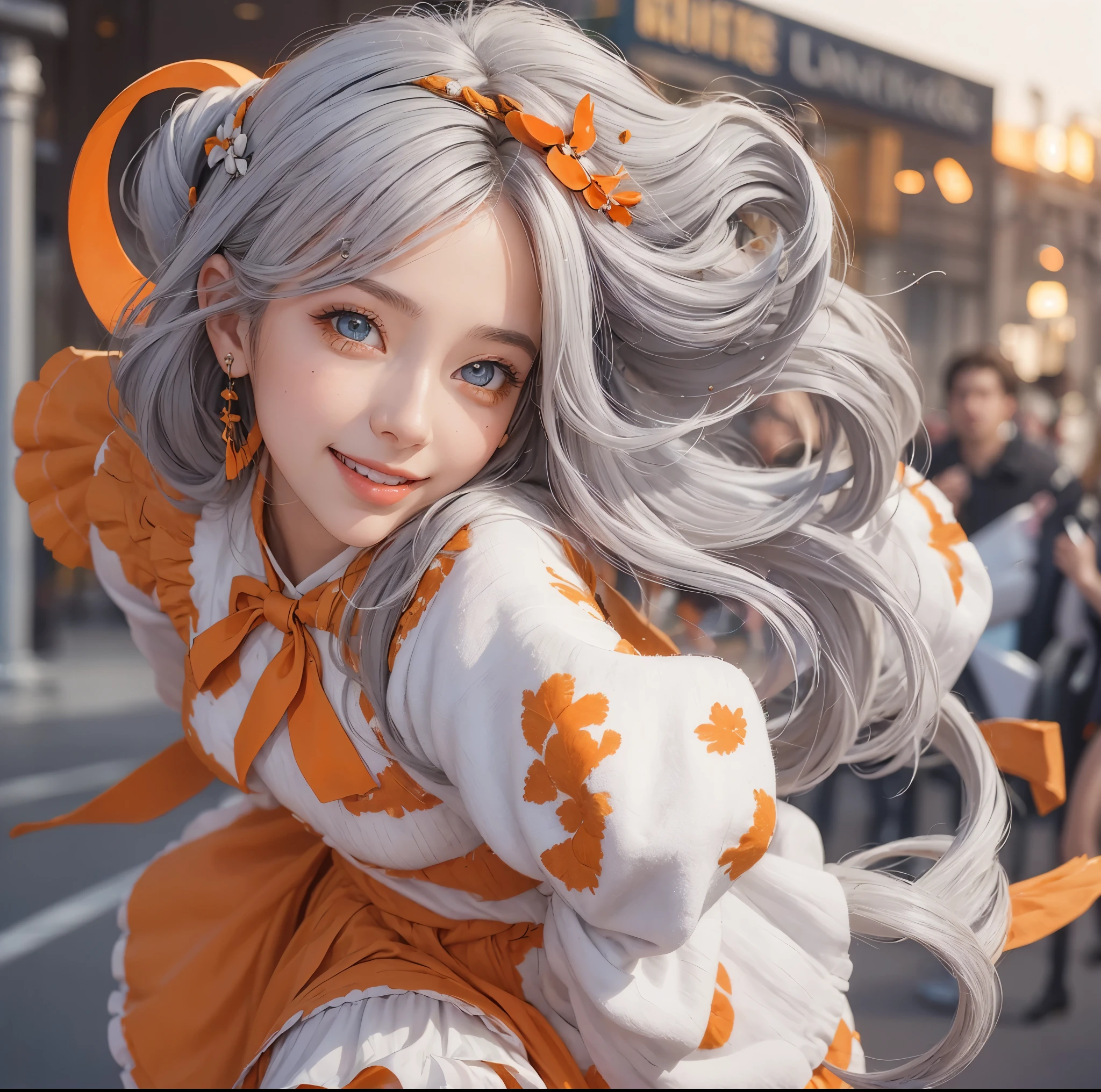 A girl with striking white hair、Fox ears and tail、cosplay、Cute dynamic pose、hair ornaments、black pantyhose、No sleeve、smile、Background is blue