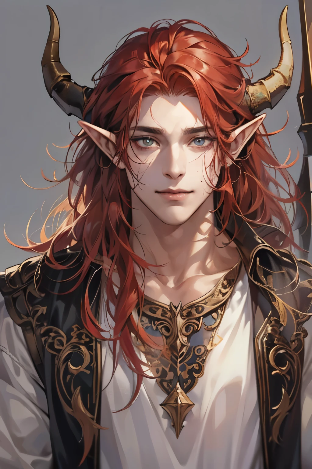 (table top, digital art, digital illustration, 4K, 8K, super detailed, beautiful images, clear image, realistic, RAW photo, perfect face, perfect lines, perfect eyes, soft lighting) 1 male human, (Red hair、long hair、amber eyes,messy hair、Bullish look,Smile confidently、Demons、Two black horns grow from its head.、Pointed elf-like ears、32 years old:1.3),ハンサムなmale性, (White t-shirt with dowel dowel、vest、muscular、Thin macho,Firm shoulder width, male:1.2),Sit on a throne with your legs crossed、The king、Demon King、hair fluttering in the wind、Sunburned healthy skin、Setting style