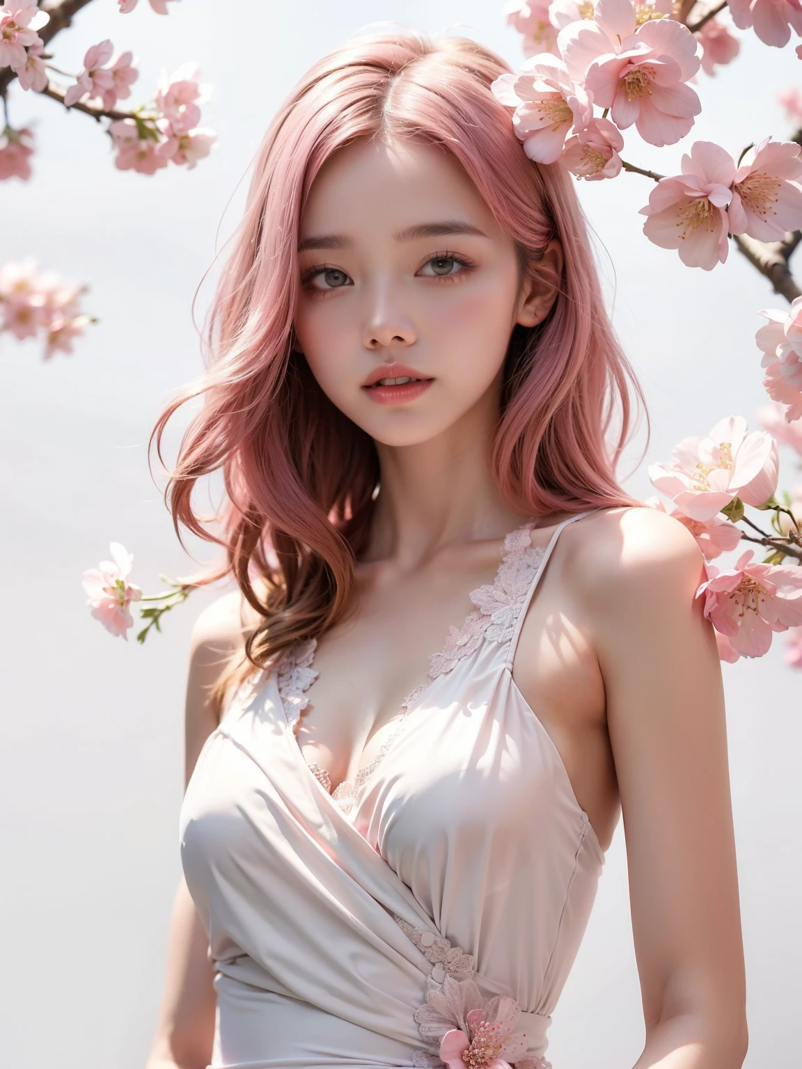 light pink hair, pink eyes, pink and white, cherry blossom leaves, bright colors, white dress, paint splashes, simple background, ray tracing, wavy hair