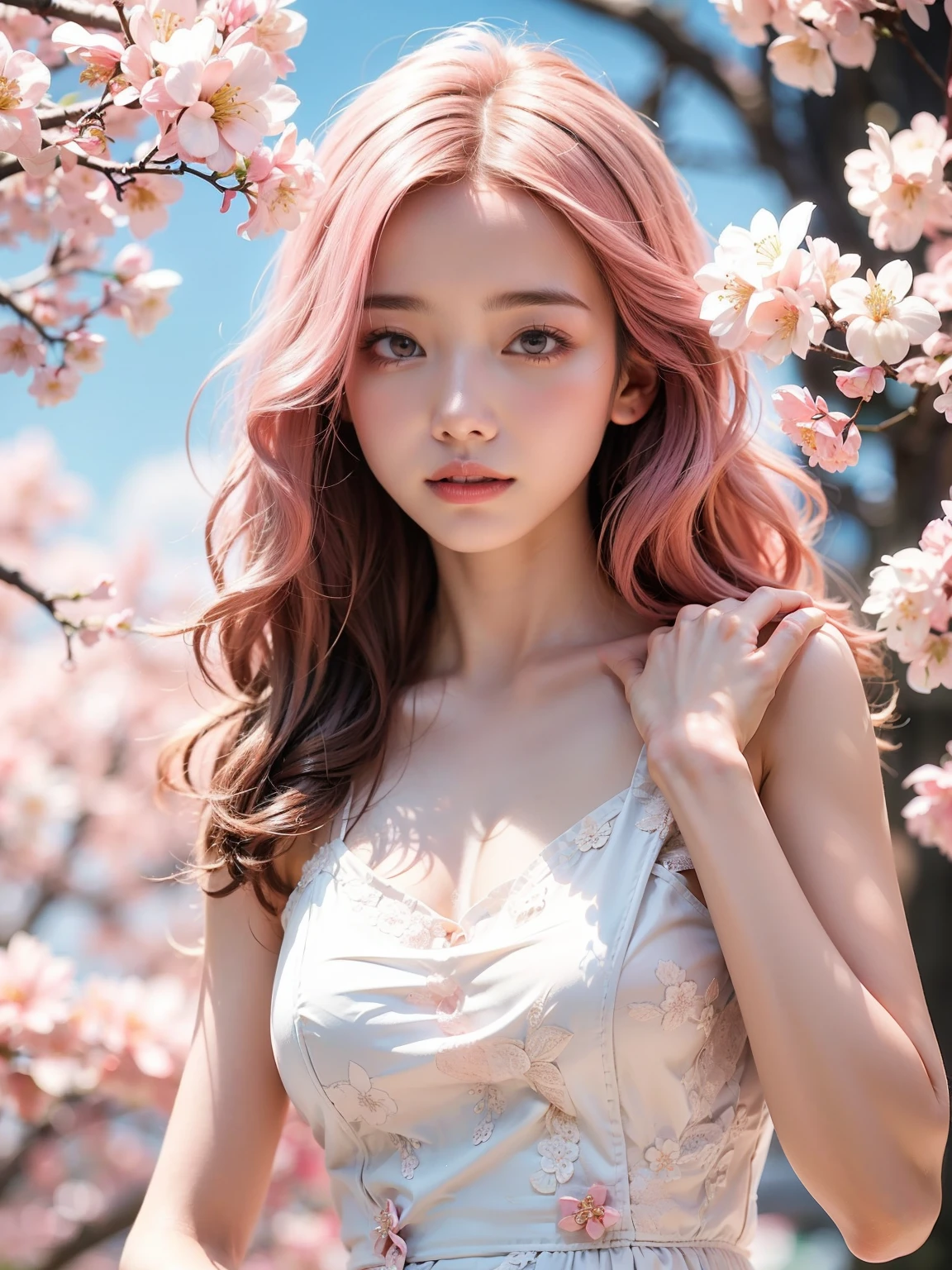 light pink hair, pink eyes, pink and white, cherry blossom leaves, bright colors, white dress, paint splashes, simple background, ray tracing, wavy hair