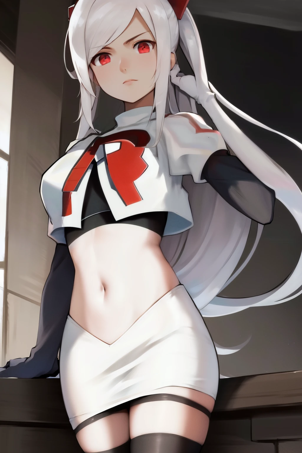 masterpiece, best quality, highres, 1girl hair ornament, team rocket,team rocket uniform, red letter R, white skirt,white crop top,black thigh-highs,black elbow gloves,