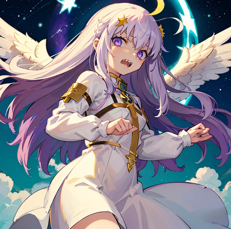 the anime of a white angel girl in between a purple star and clouds with an earthy color palette, sharp teeth, wings, 1girl, solo, teeth, jewelry, long hair, ahoge, crescent, halo, star (symbol), star (sky), 白髪, 紫瞳
