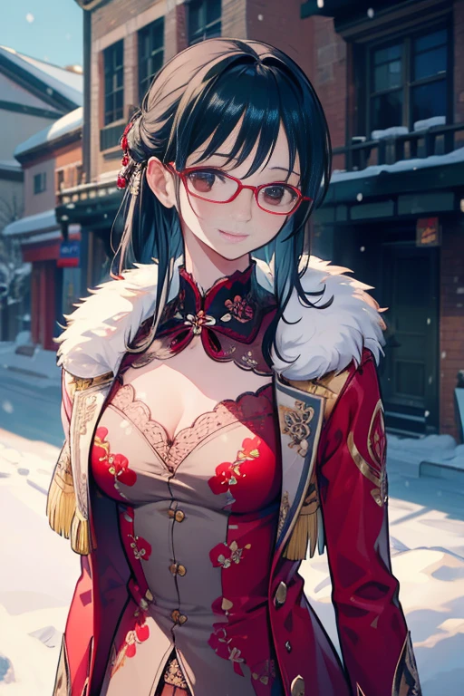 Ultra-realistic 8k CG, masterpiece, ((super detailed background, delicate pattern, intricate details)), (very detailed, small details), highest quality, (realistic:1.4),beautiful lighting,  disorganized, RAW photo, film grain, ((medium breasts, slim girl)), Tashigi, 1 girl, alone, black hair, Glasses, epaulet, gloves, closed mouth, blue hair,  long hair, red frame glasses, pants, coat, shirt, brown eyes, Floral, (intricate detailsな背景, snowy nature environment, snow, daytime, Sunny, close, portrait),((slim girl, medium breasts)), In town、walking、smile