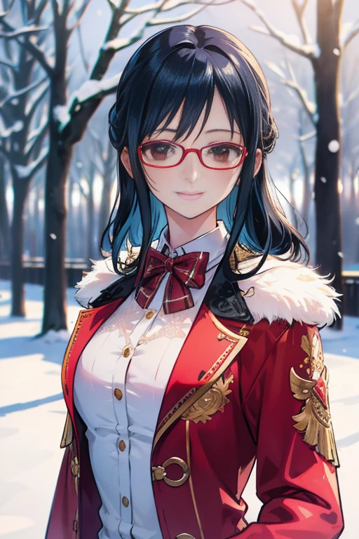 Ultra-realistic 8k CG, masterpiece, ((super detailed background, delicate pattern, intricate details)), (very detailed, small details), highest quality, (realistic:1.4),beautiful lighting,  disorganized, RAW photo, film grain, ((medium breasts, slim girl)), Tashigi, 1 girl, alone, black hair, Glasses, epaulet, gloves, closed mouth, blue hair,  long hair, red frame glasses, pants, coat, shirt, brown eyes, Floral, (intricate detailsな背景, snowy nature environment, snow, daytime, Sunny, close, portrait),((slim girl, medium breasts)), In town、walking、smile